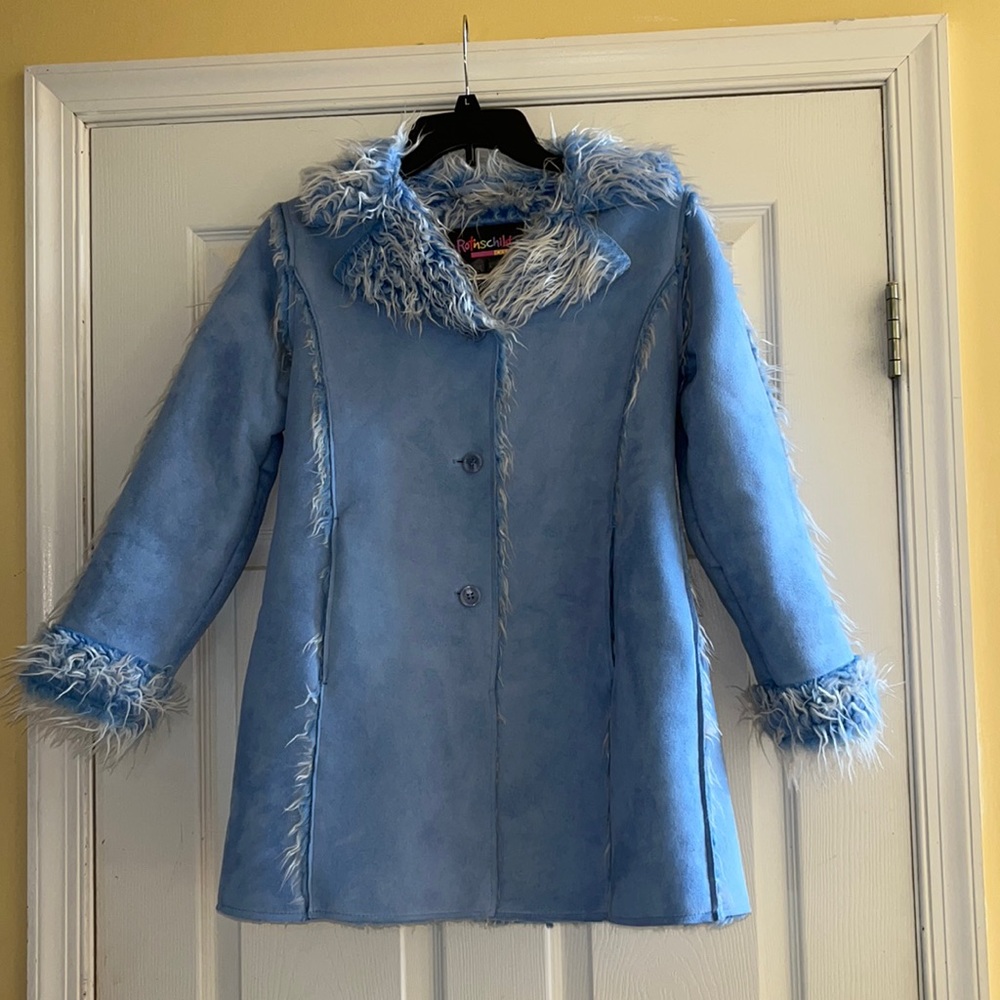 Rothschild faux fur and genuine suede coat, Light blue, Girls, size M(10/12).